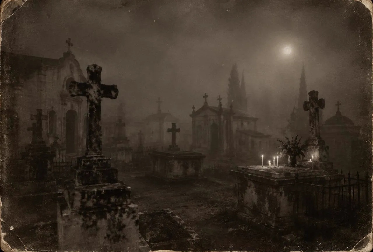 Fotografía antigua de un cementerio colonial de noche con niebla y velas sobre una tumba